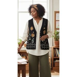 Vtg Cottagecore Embroidered Sunflower Sweater Vest Teacher Grandma Core 3X Plus